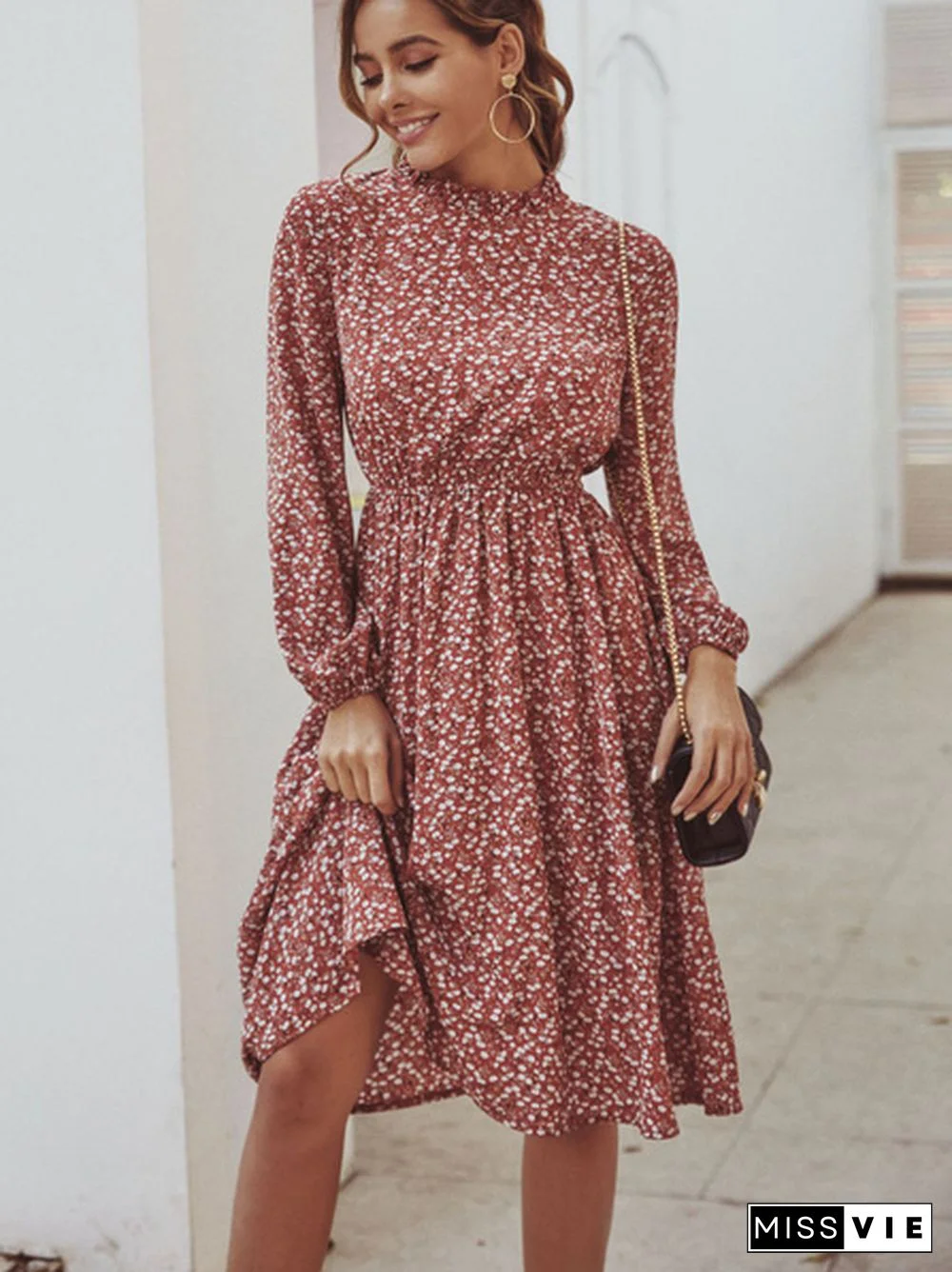 Disty Floral Mock Neck Elastic Wasit Dress