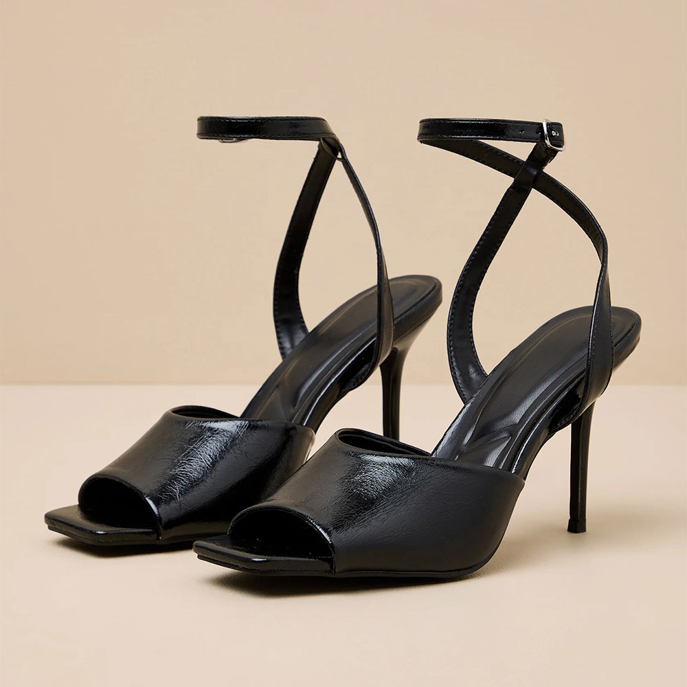 Black Vegan Leather Peep Toe Stiletto Heel Ankle Strap Sandals