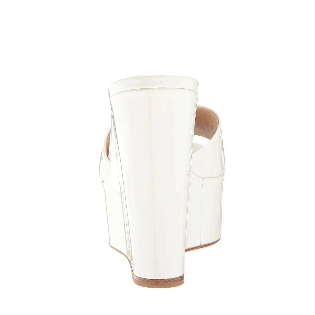 White Patent Leather Round Toe Wide Band Bold Platform Mules