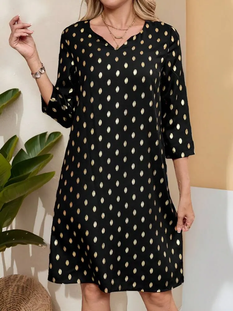 Women's Spring & Summer V-Neck 3/4 Sleeve Golden Dot Print Straight Dress