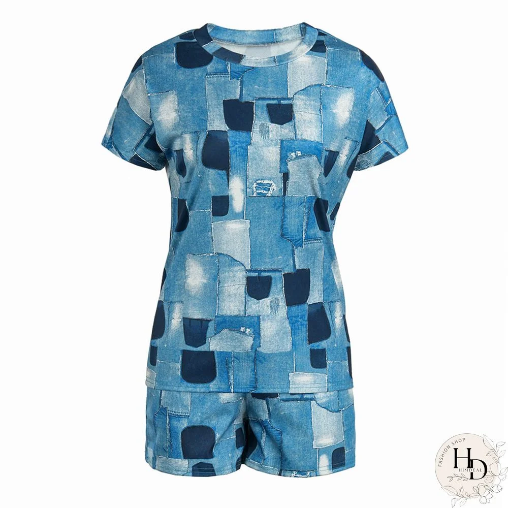 Grey Black Casual Print Patchwork O Neck Short Sleeve Two Pieces