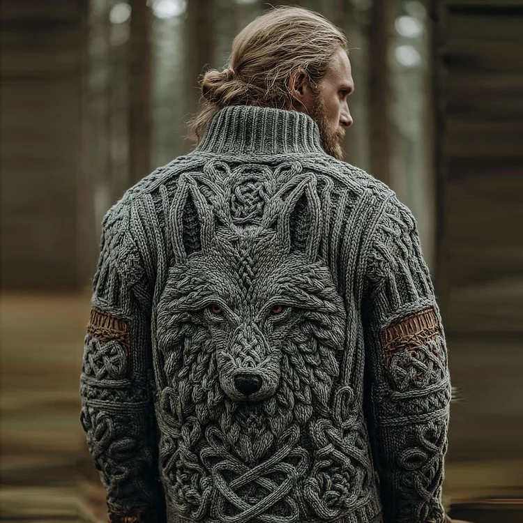Men's Vintage Viking Wolf Pattern Cozy Knit Turtleneck Pullover Sweater