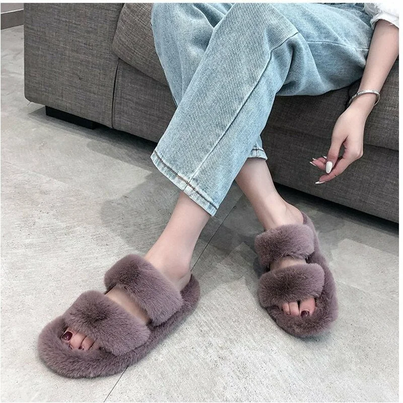 Women Fur Slippers Furry Fuzzy Home Slippers Ladies Slip on Indoor Slides Soft Thick Bottom Fluffy Slippers Warm Shoes Flats New