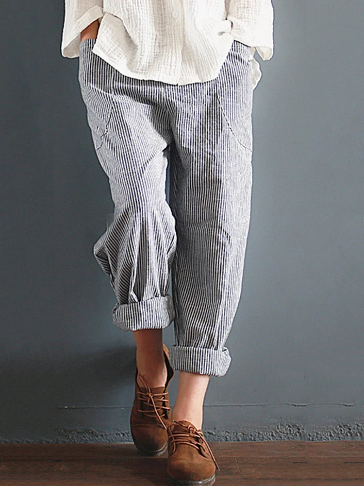 Pockets Casual Striped Plus Size Pants