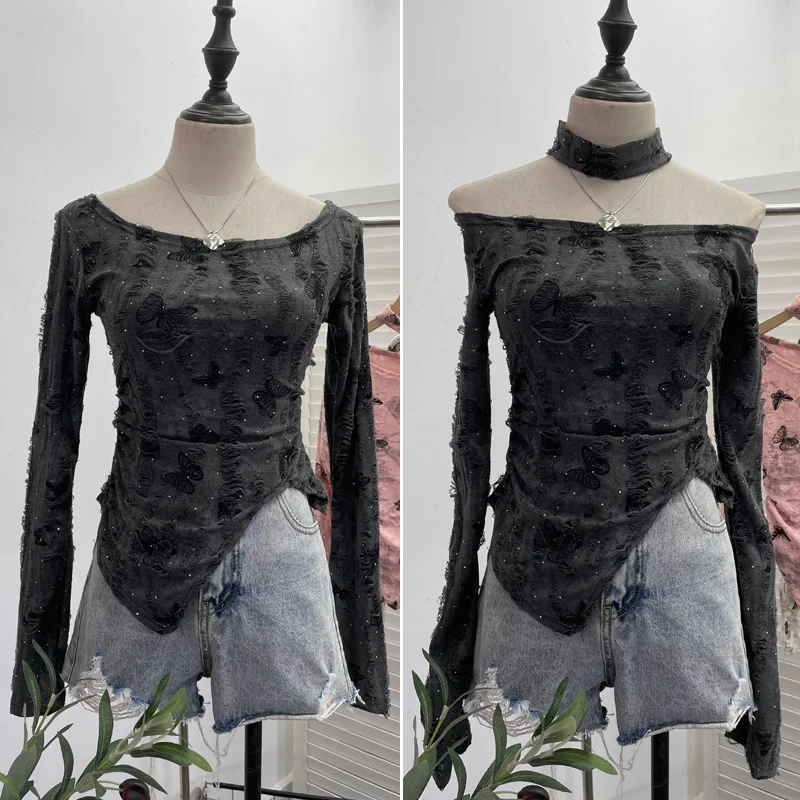Brownm Pink Butterfly Hanging Neck To Make Old Hole Long-Sleeved T-Shirt Hottie Slanted Shoulder Slim Short Blouse 8002