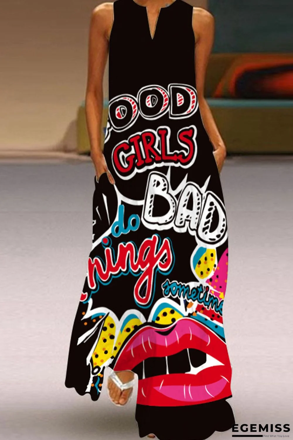 Colour Casual Print Patchwork V Neck Straight Dresses | EGEMISS