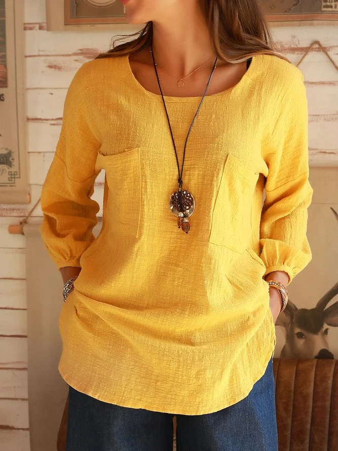 Yellow Cotton Crew Neck Long Sleeve Shirts & Tops