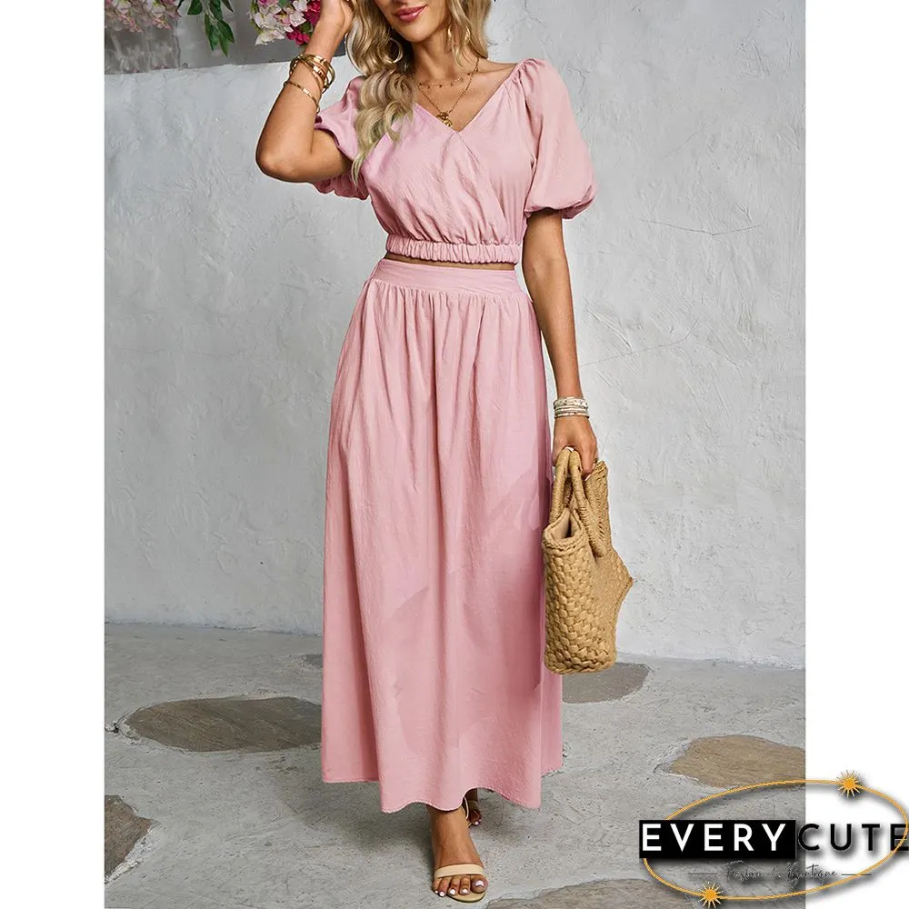 Pink V Neck Crop Top and Pocket Skirt Set