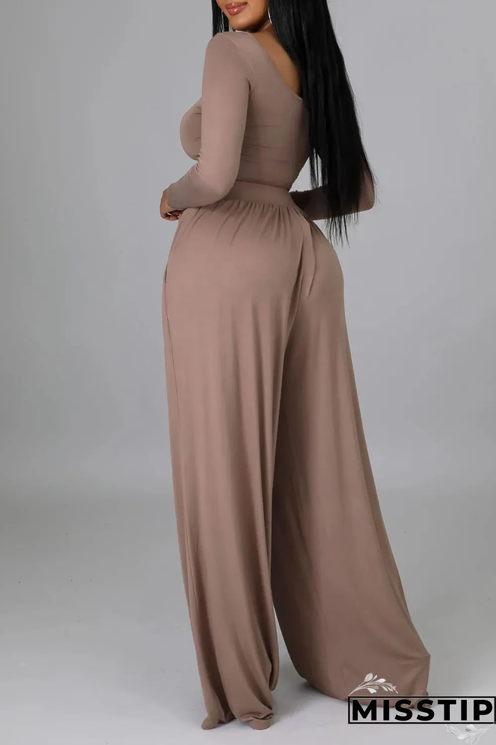 Dark Khaki Casual Elegant Solid Bandage Patchwork U Neck Long Sleeve Two Pieces
