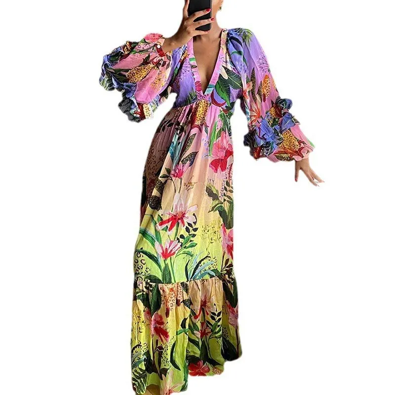 Brownm Brownm Summer New Printing Gradient Lotus Leaf Side V-Neck Sexy Lanky Long Dress Dress