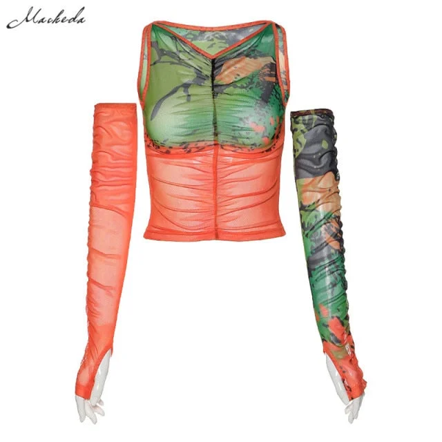Macheda Women Summer 2 Pcs Set Crop Top And Long Sleeve Fashion Printing Casual Mesh Slim T-Shirt Lady Streetwear Tees New