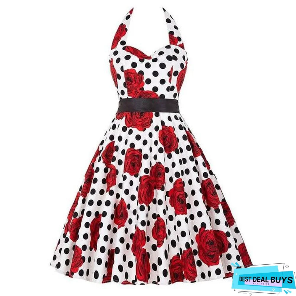Sexy Halter Party Dress Retro Polka Dot Vintage Dresses Elegant Midi Dress
