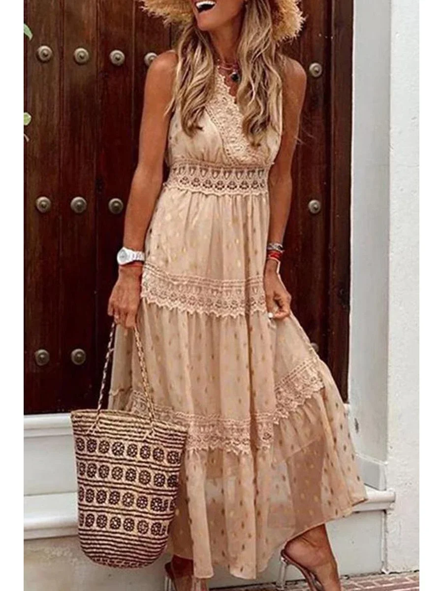 Stylish PolkaDots Print Lace V-Neck Maxi Dress P15670