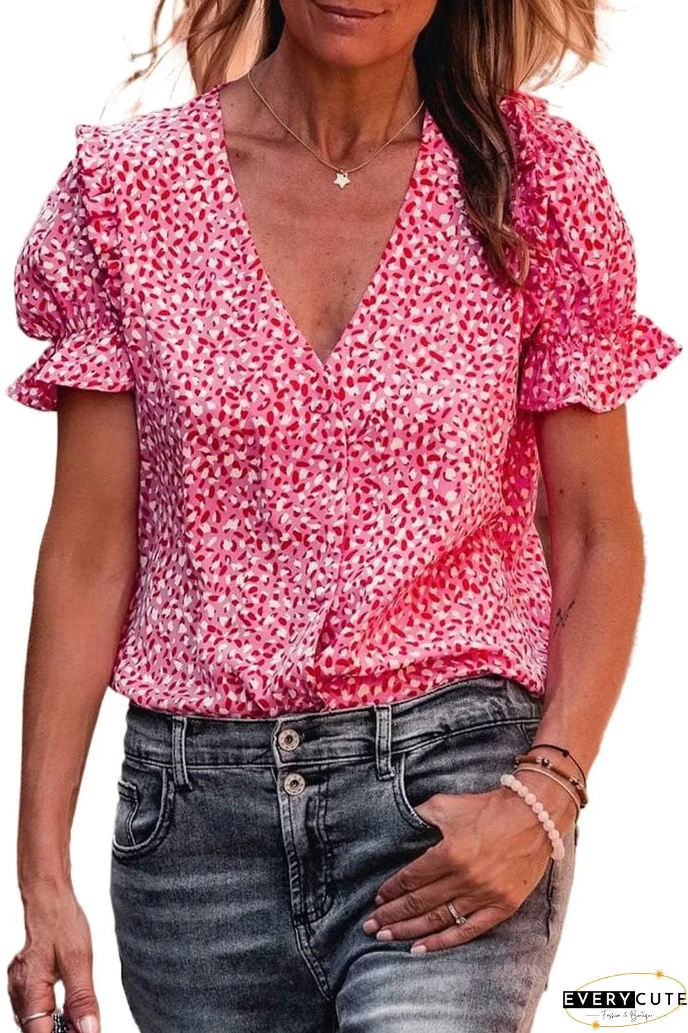 Layered Plaid Short Sleeve V-Neck Lotus Leaf Blouses