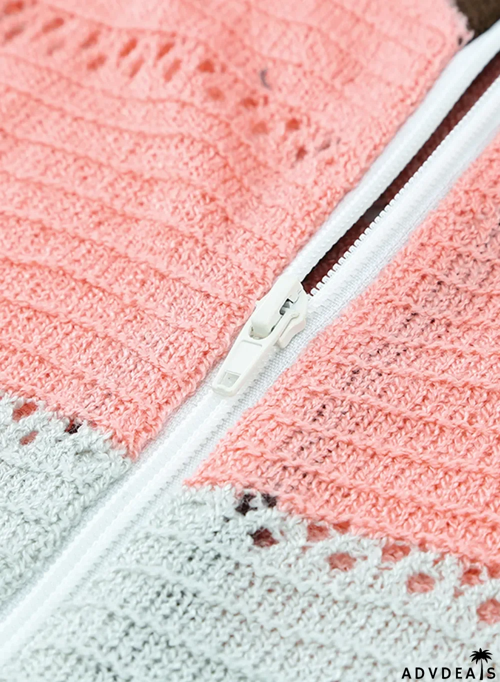 Brown Zipped Front Colorblock Hollow-out Knit Hoodie