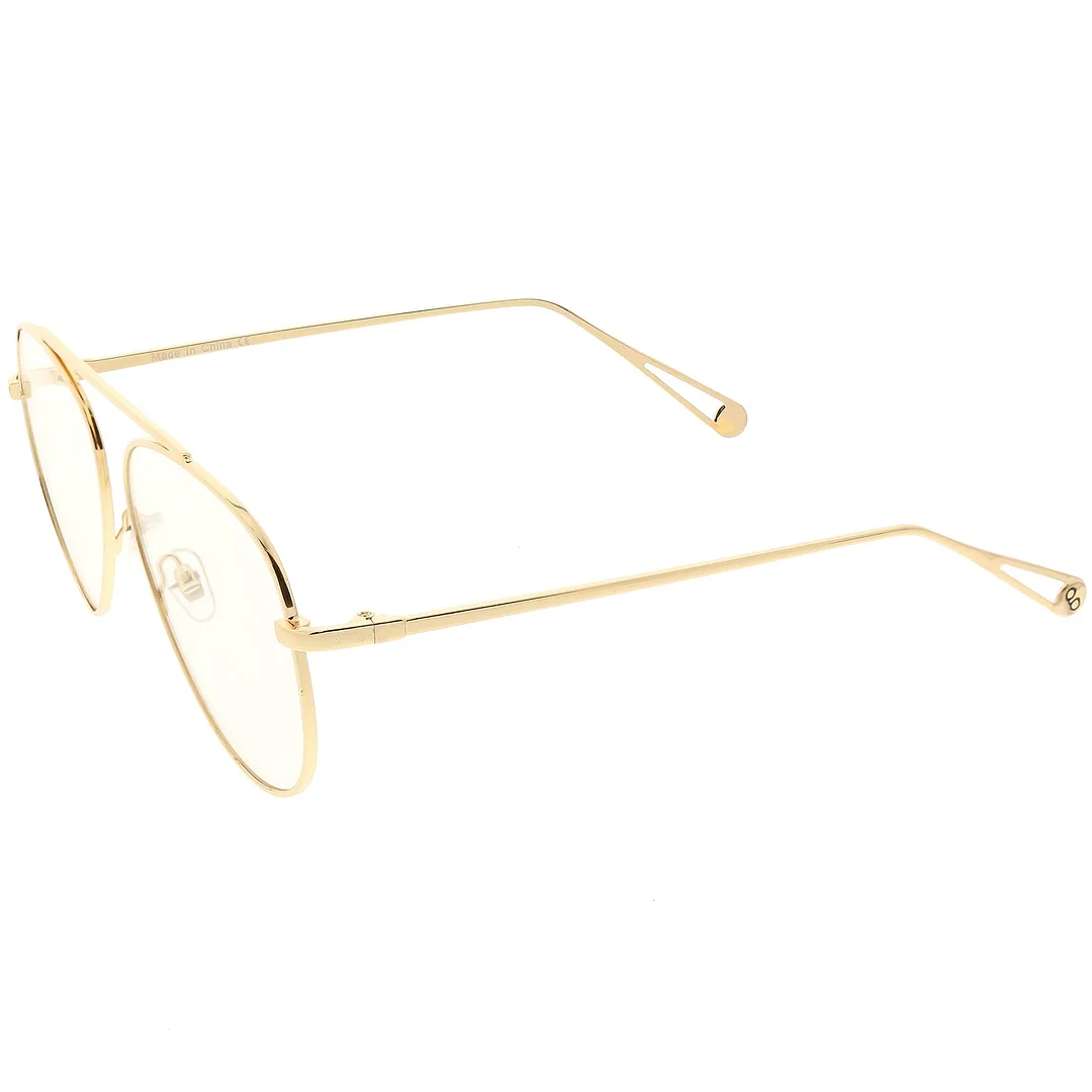 Premium Modern Metal Aviator Eyeglasses Single Brow Bar Clear Flat Lens 59mm