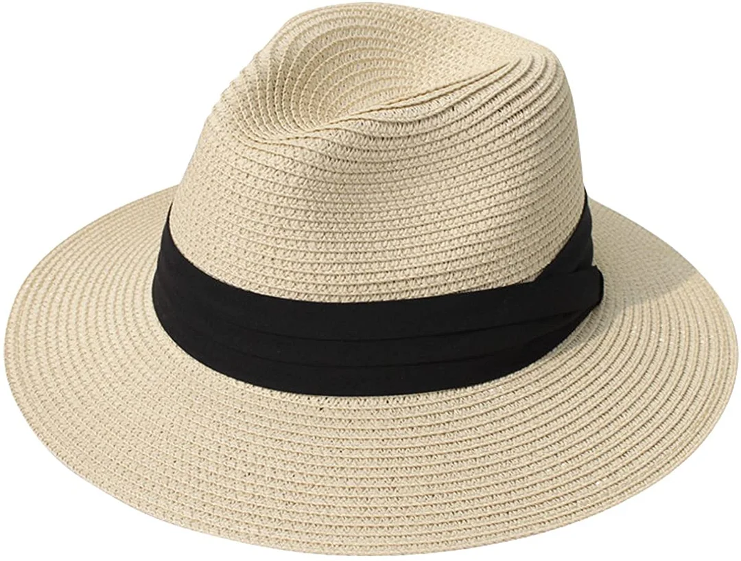 Womens UPF50 Foldable Summer Straw Hat Wide Brim Fedora Sun Beach hat
