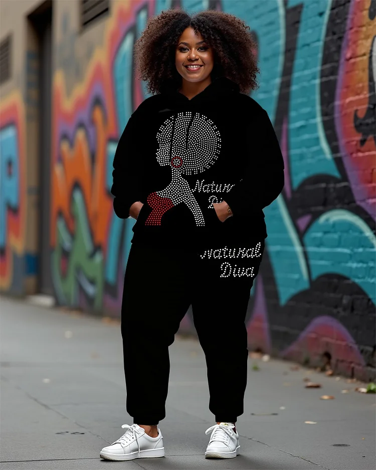 Women's Plus Size Natural Diva Two-Piece Set（Printed style, not rhinestones）
