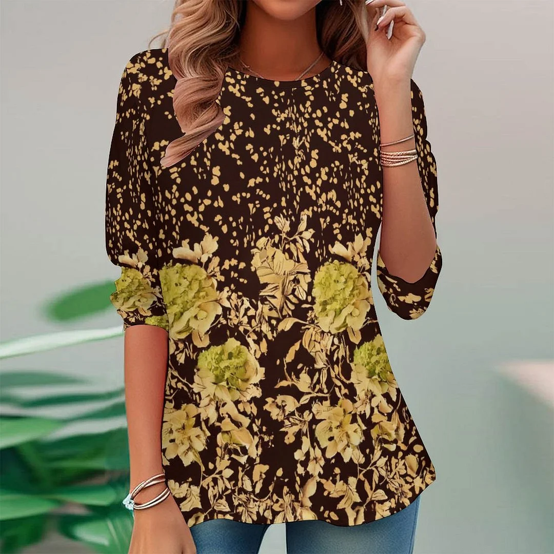 Vintage Printed Long Sleeve Plus Size Tunic for  Women and Men Unisex Pattern Black,Khaki,Floral
