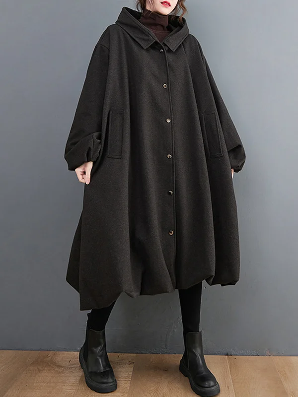 High-Low Long Sleeves Buttoned Pockets Solid Color Hooded Woolen Coat