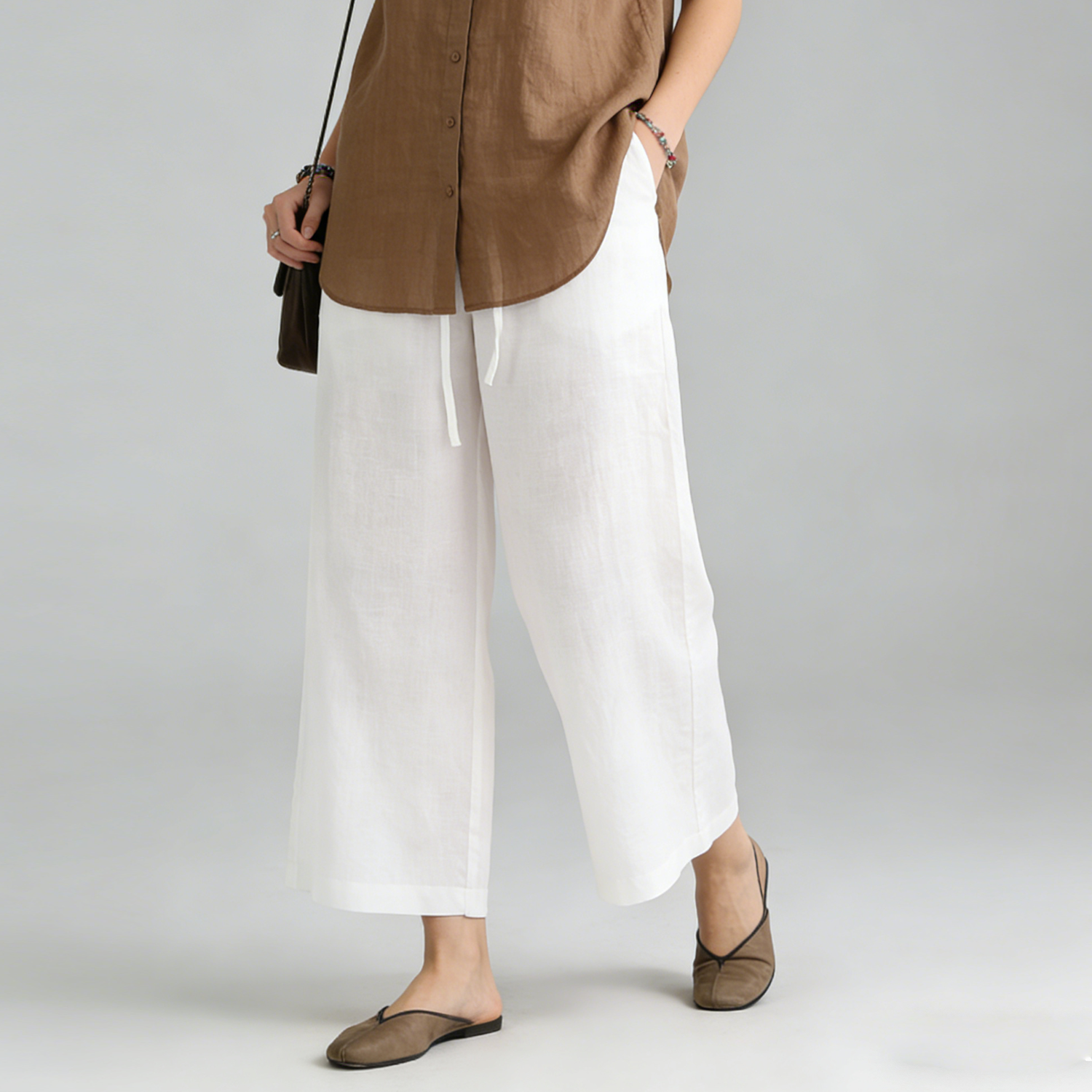 100% Linen Pants for Women Wide Leg Cropped Trousers with Drawstring REAL SILK LIFE