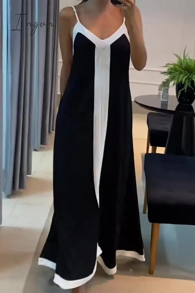 Ingvn - Sexy Color Block Contrast V Neck Sling Dress Dresses Black / S Dresses/Casual