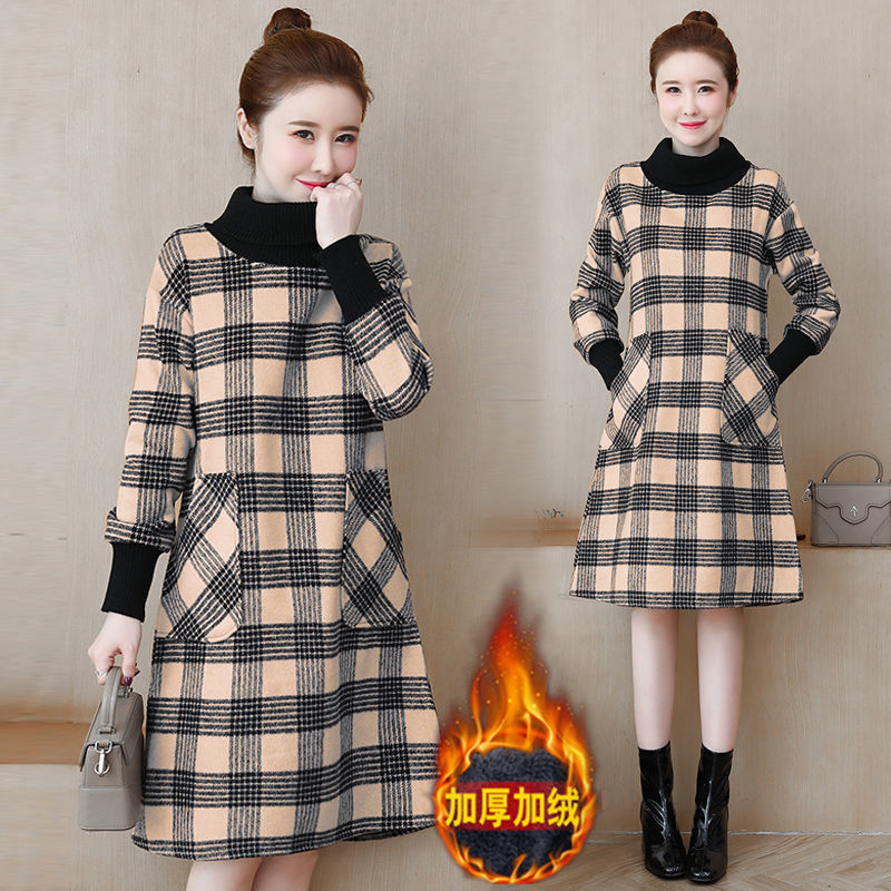 Women Dresses Midi Skirt Women's Autumn  Winter New Large Size Loose Plaid Turtleneck Dress Vestido De Mujer