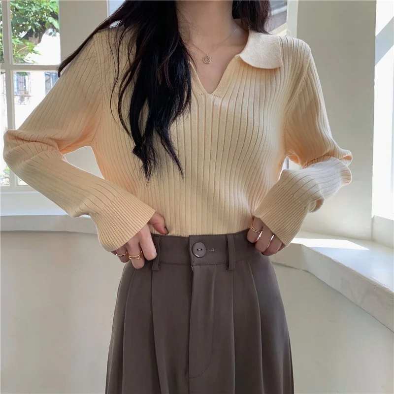 Uveng Uveng POLO Collar Apricot Sweater Female Autumn 2023 New Korean Version With Long-Sleeved Sweater Student Jacket Tide
