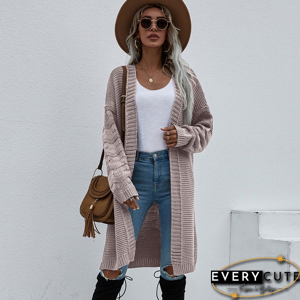 Solid Cameo Open Front Knitted Long Cardigan