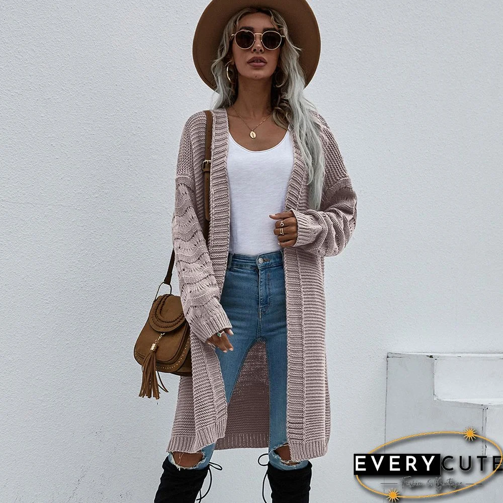 Solid Cameo Open Front Knitted Long Cardigan