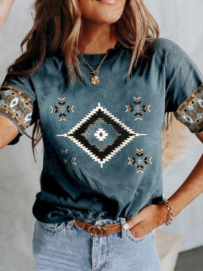 Women's Western Print Casual Crew Neck T-Shirt