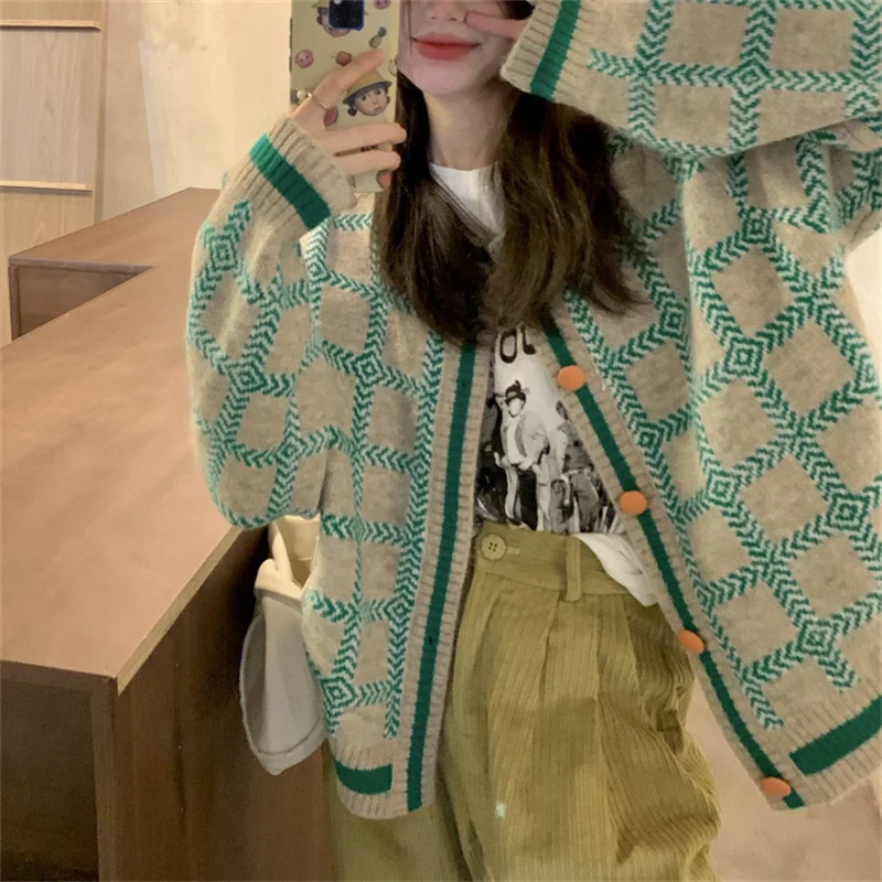 Ueong Ueong Sweater Cardigan Female Retro Languid Lazy Bump Color Knit Coat Autumn Winter Add Thick Loose Short Jacket Female