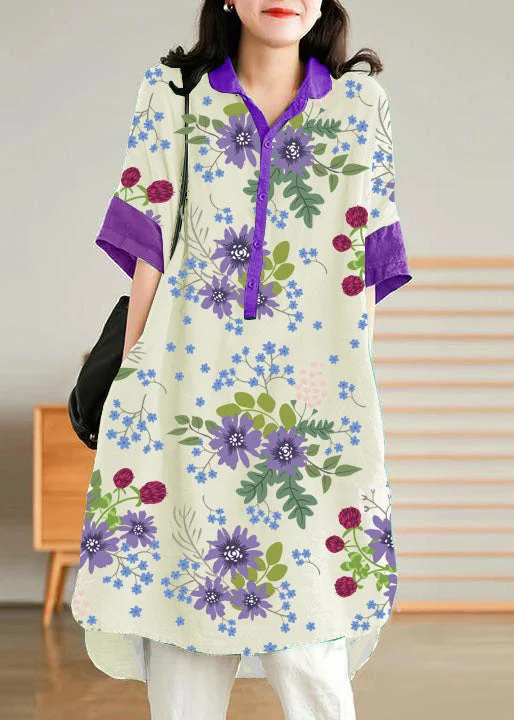 Jade Purple flower Linen Women Casual Linen Shirt Dress