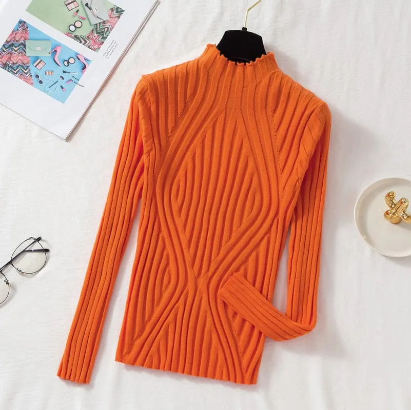 2021 Autumn Rainbow Slim Solid Sweater Tops Pullover Knitted Sweater Women Casual Long Sleeve Office Lady Jumper Sweater 17041