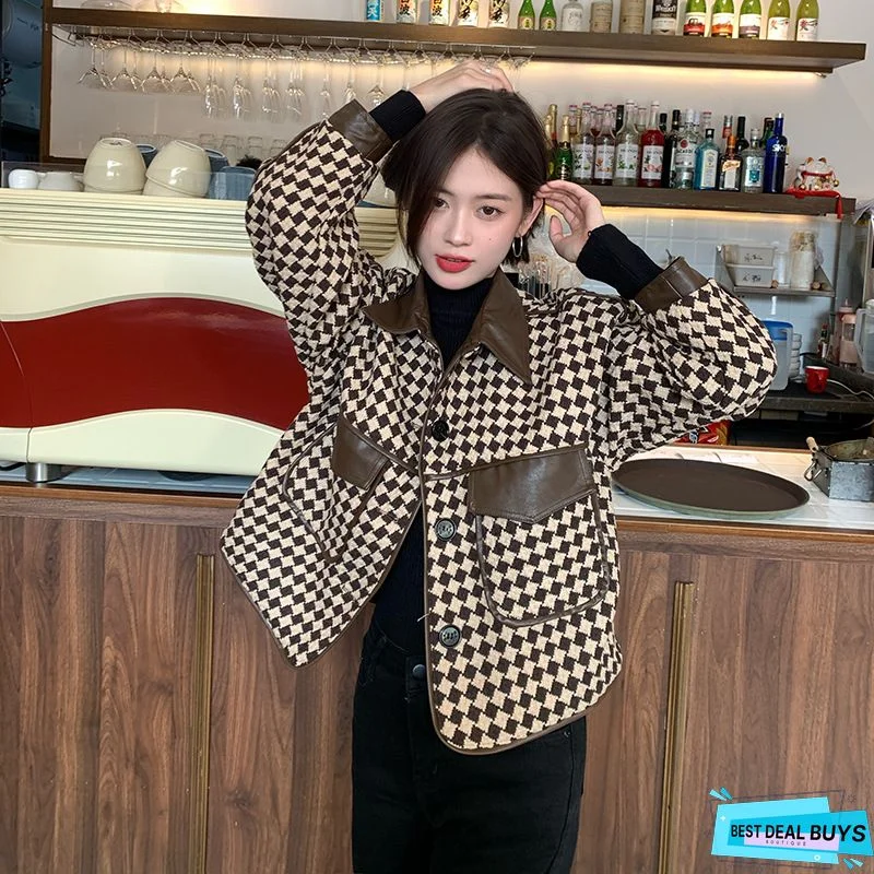 Hounds Tooth Print Color Block Button Design Coat