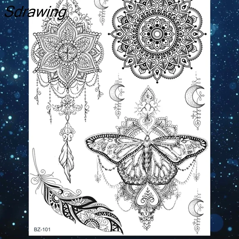 Sdrawing Henna Temporary Tattoos For Women Girls Feather Butterfly DreamCatcher Fake Gem Tattoo Sticker Chest Arm Tatoos Tribal 328-1
