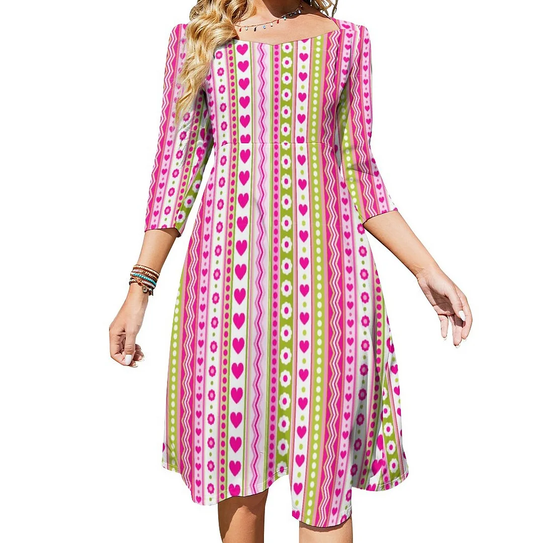 Abstract Pink Green Pattern Dots Flowers Hearts Dress Sweetheart Tie Back Flared 3/4 Sleeve Midi Dresses