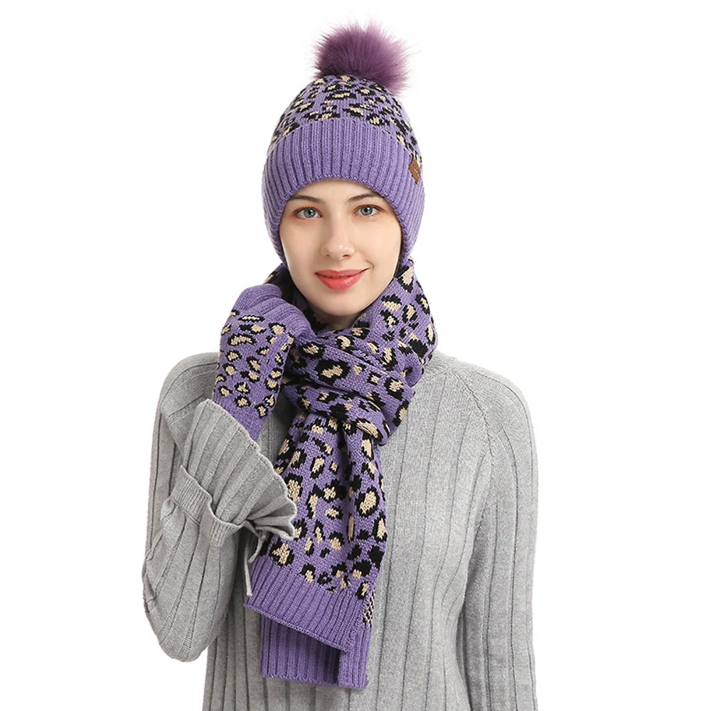 Smiledeer Fashion Leopard Print Warm Knit Hat Scarf Gloves Three Piece Set