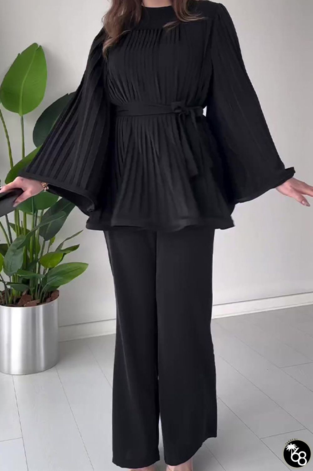 Casual Celebrities Solid Bandage Fold O Neck Long Sleeve Two Pieces | 168DEAL