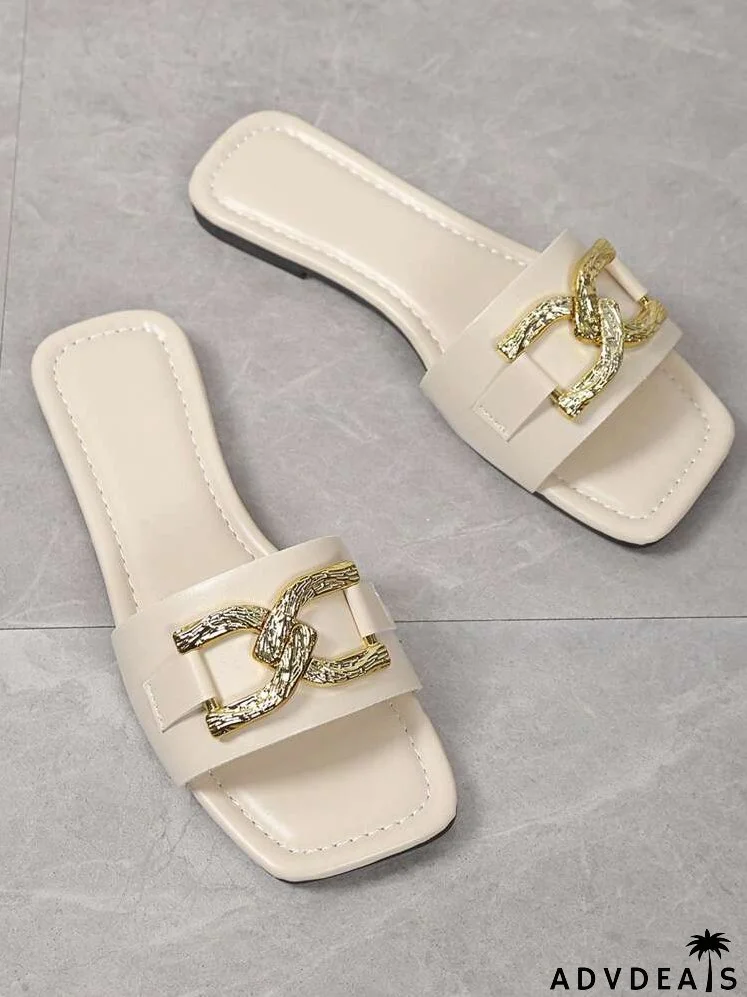 Fashionable Slide Sandals For Women, Metal Decor Single Band Flat Sandals