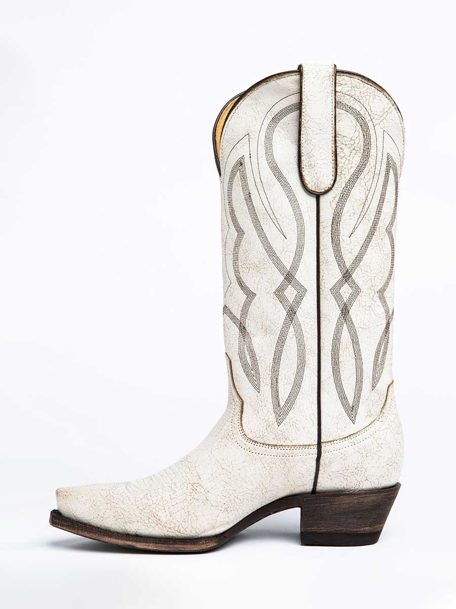 Ivory Distressed Vegan Leather Embroidered Mid Calf Cowgirl Boots 