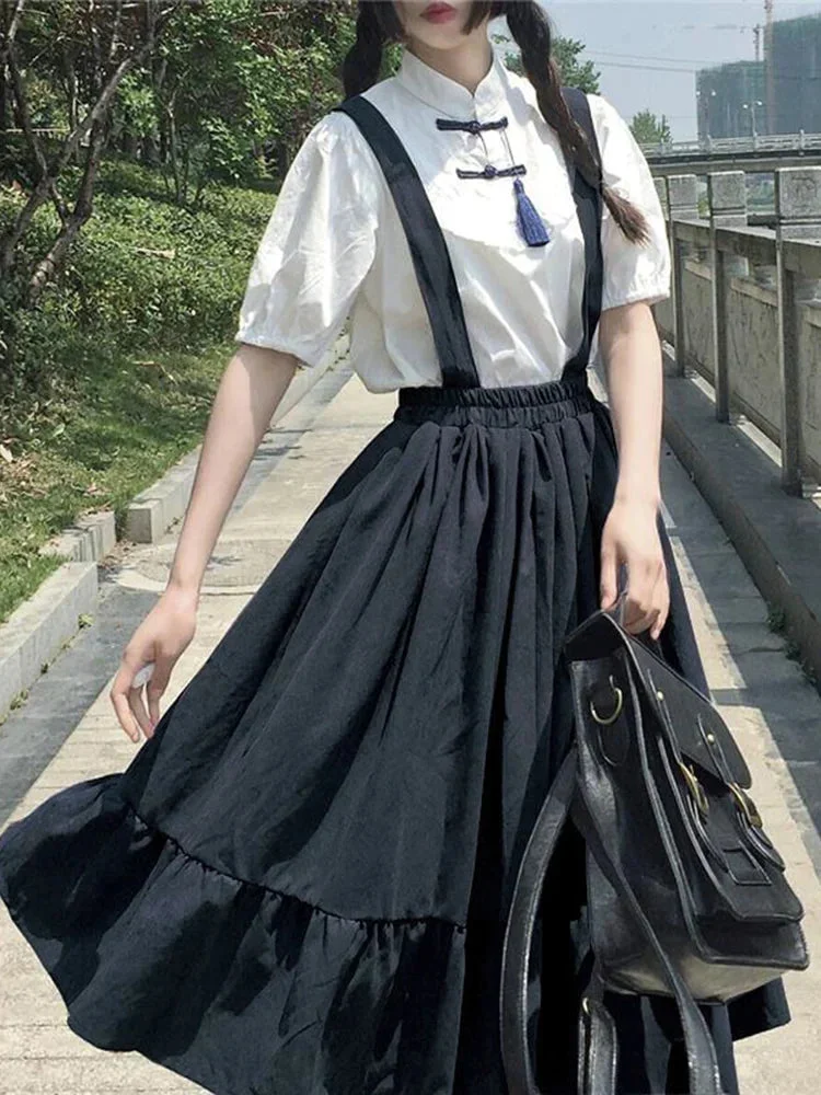 Huiketi Sweet Women Midi Skirt Preppy Style Strap Long Skirt Ruffles Loose Cute Student Suspender Skirt Casual Summer Skirts