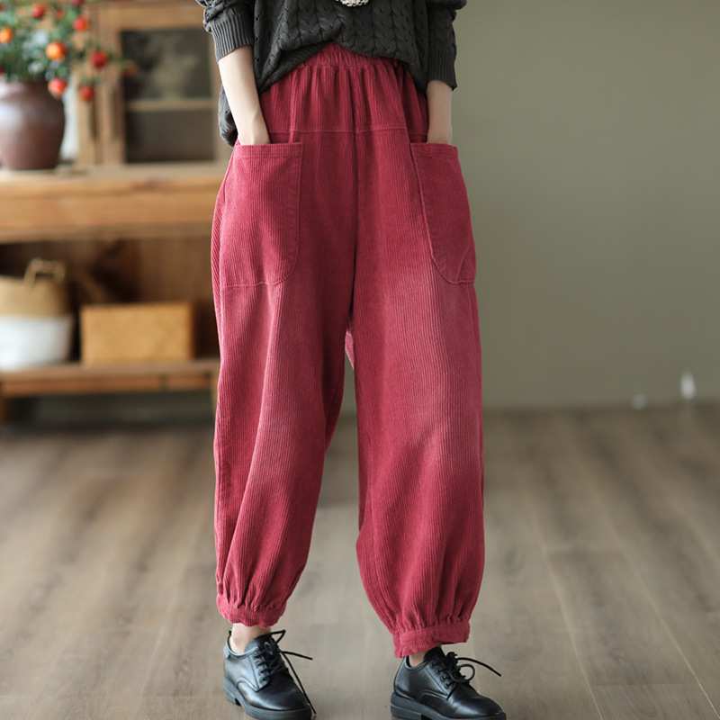 Vintage Striped Corduroy Elastic-Waist Pants
