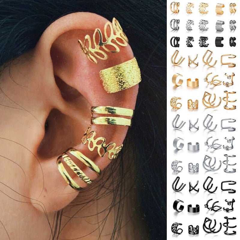 Gold Leaves Ear Cuff Black Non-Piercing Ear Clips Fake Cartilage Earrings Clip Earrings For Women Men 
