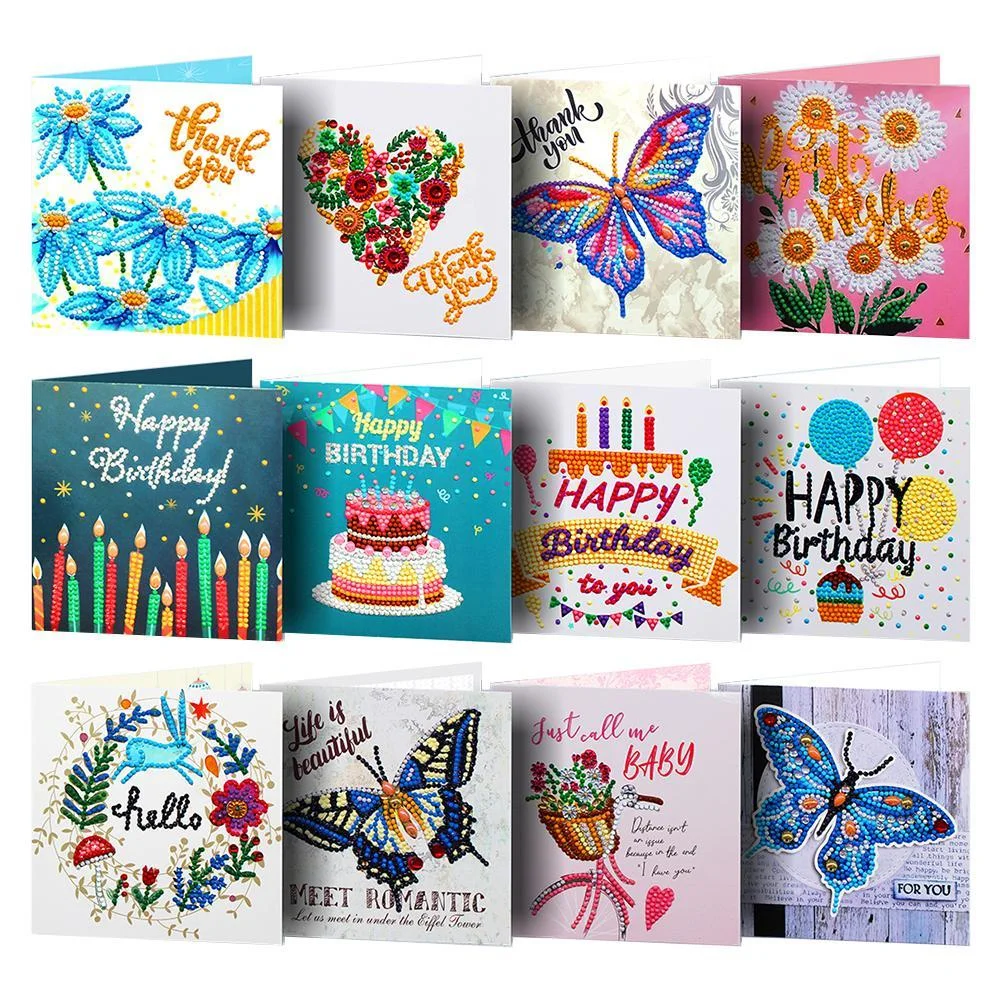 12pcs Diamond Painting Greeting Card - Rhinestone - Embroidery for Birthday【With White Envelope】