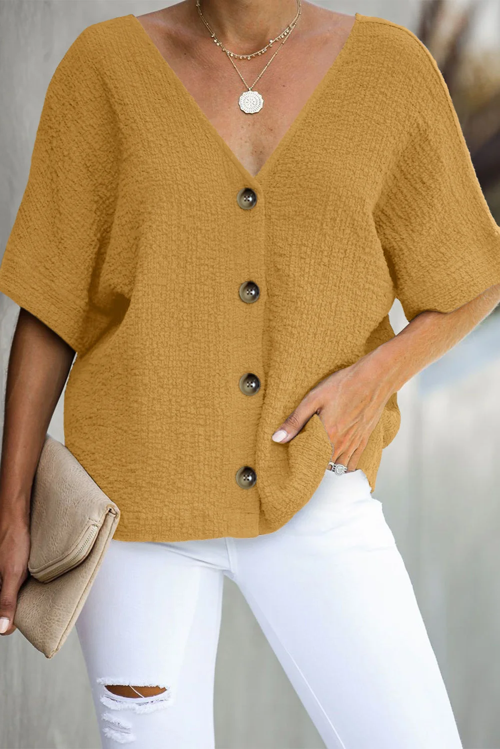 Yellow V Neck Button Front Crinkled Blouse | IFYHOME