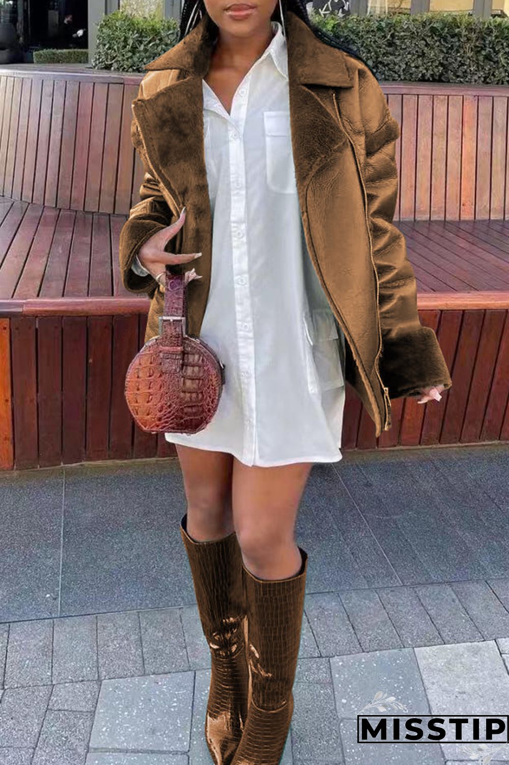 Brown Fashion Casual Solid Patchwork Turndown Collar Outerwear