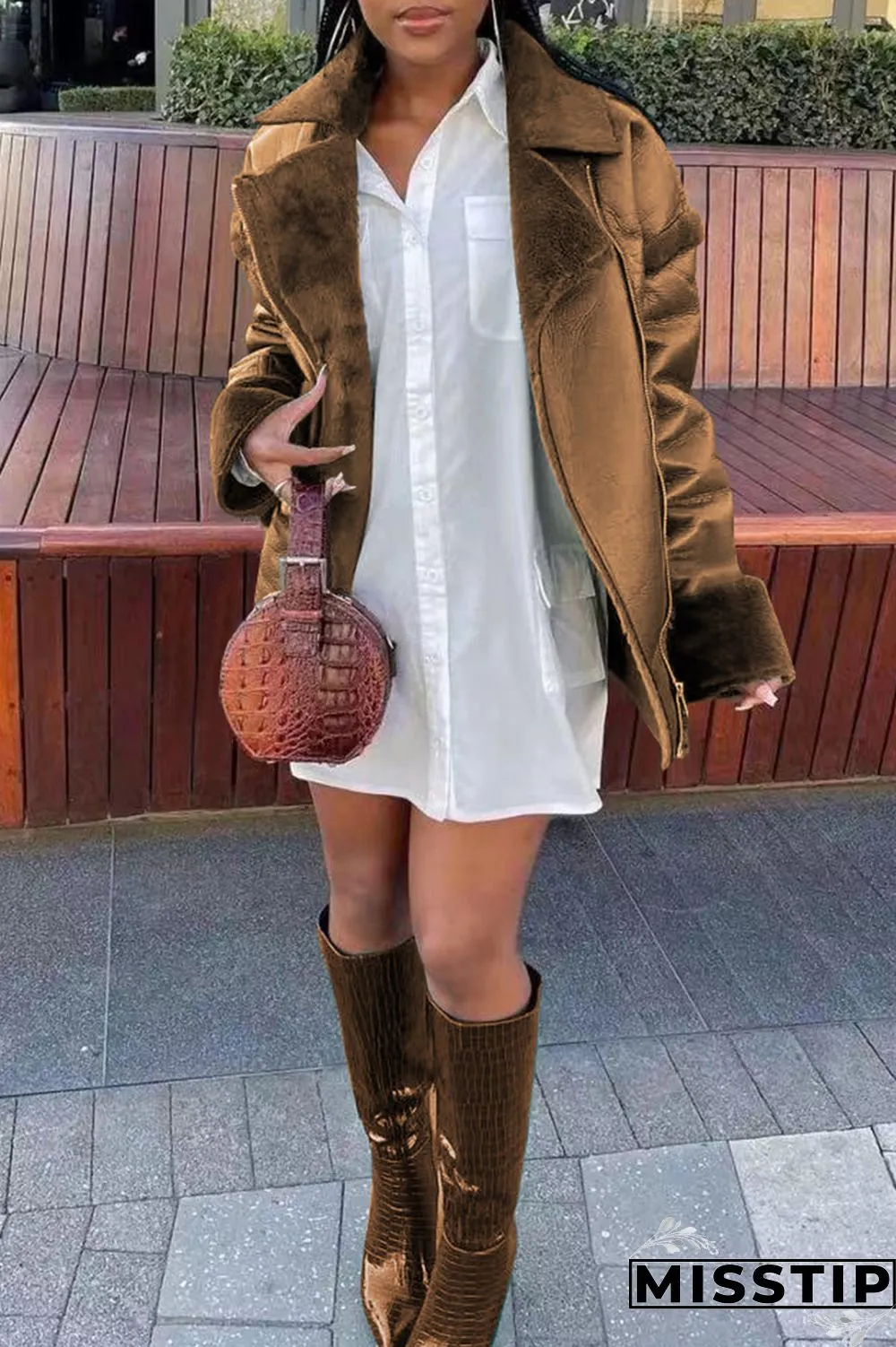 Brown Fashion Casual Solid Patchwork Turndown Collar Outerwear