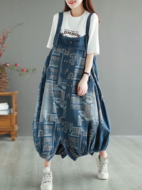 Vintage Printed Irregular Plus Size Denim Strap Dress