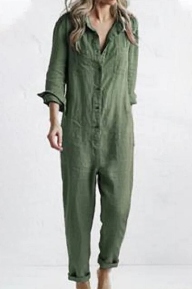 Casual Solid Buckle Turndown Collar Loose Jumpsuits(3 Colors)